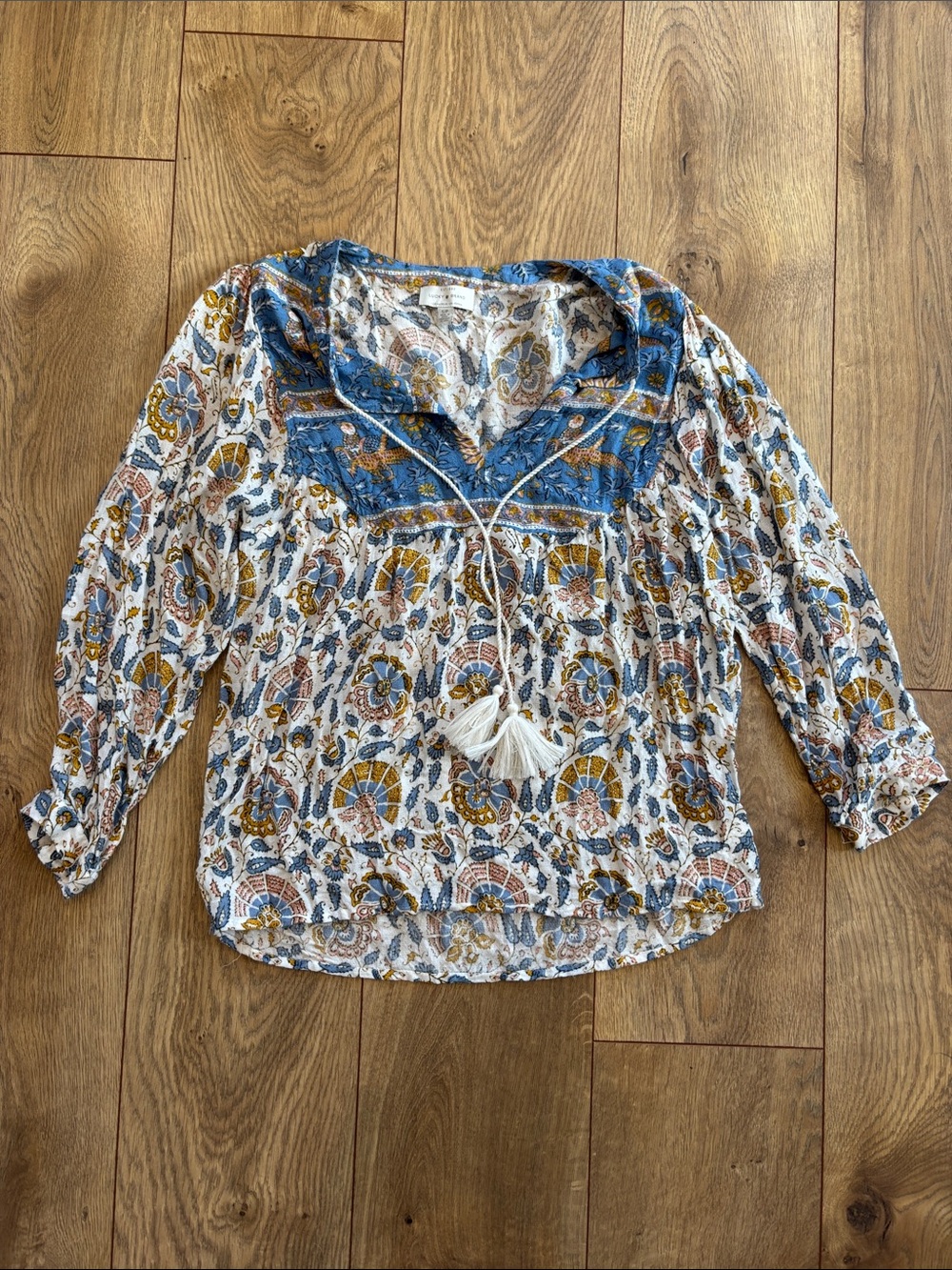 Lucky Brand White Paisley Peasant Blouse with Blue Embroidered Yoke